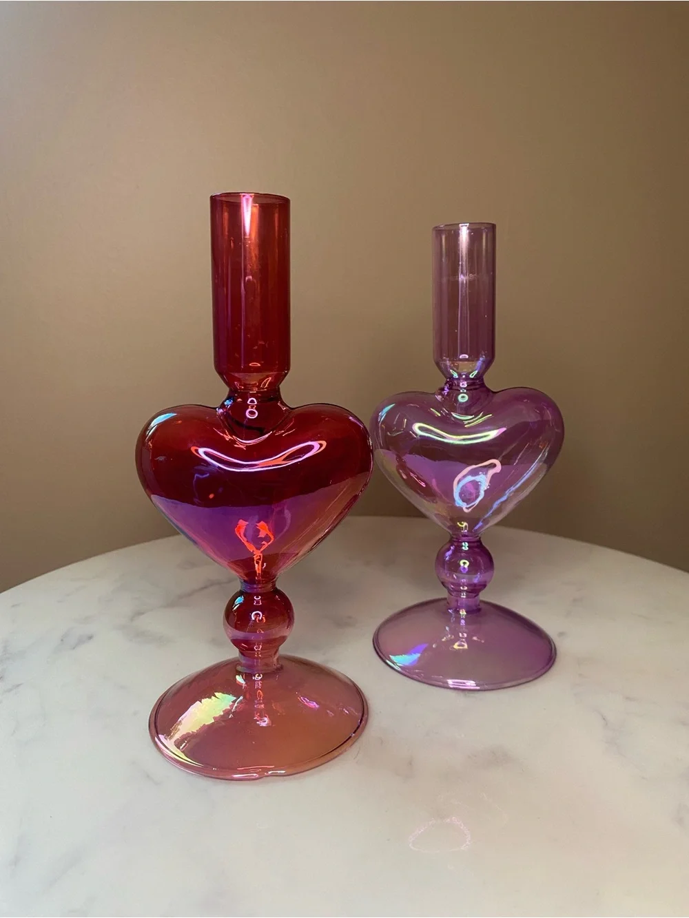 (2) Glass Heart Tapered Candle Holders